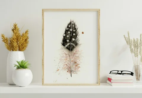Image of a feather watercolor painting by Shayna Larsen, originals & prints available