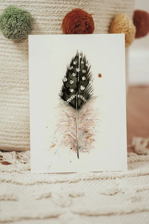 Image of a feather watercolor painting by Shayna Larsen, originals & prints available