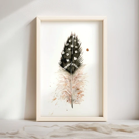 Image of a feather watercolor painting by Shayna Larsen, originals & prints available