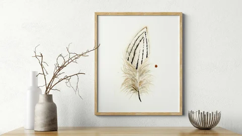 Image of a feather watercolor painting by Shayna Larsen, originals & prints available