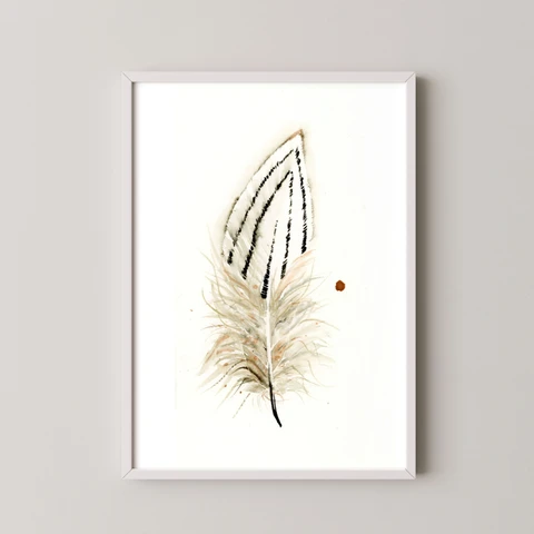 Image of a feather watercolor painting by Shayna Larsen, originals & prints available