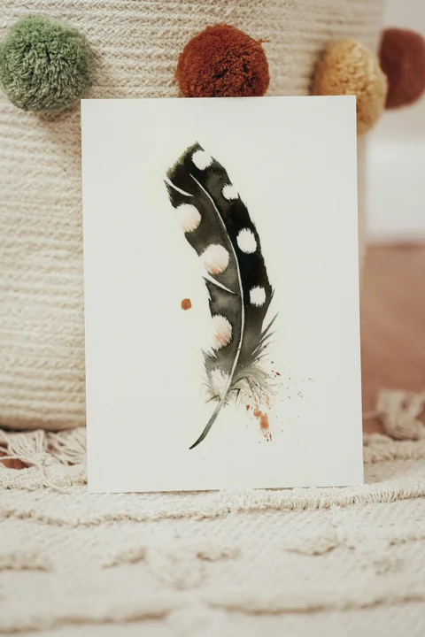 Image of a feather watercolor painting by Shayna Larsen, originals & prints available