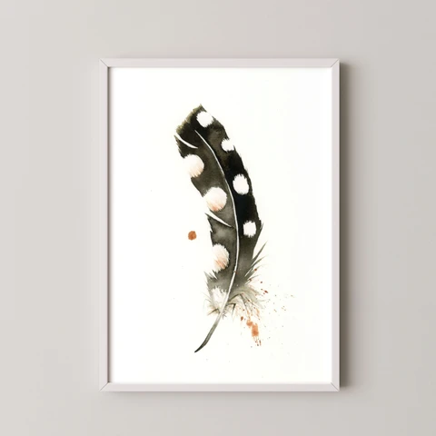 Image of a feather watercolor painting by Shayna Larsen, originals & prints available