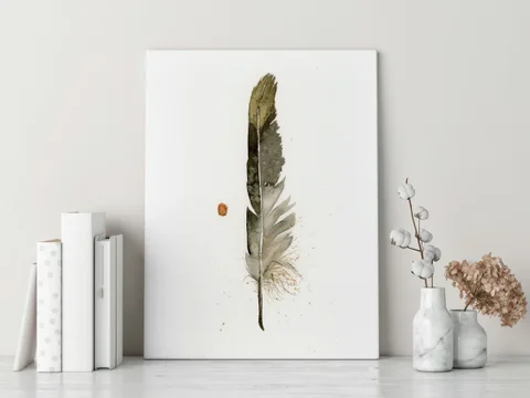 Image of a feather watercolor painting by Shayna Larsen, originals & prints available