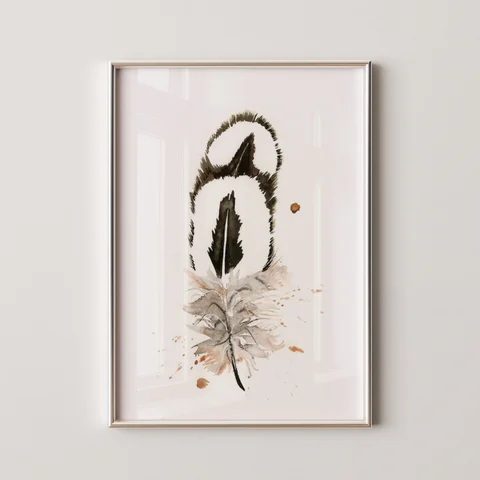 Image of a feather watercolor painting by Shayna Larsen, originals & prints available