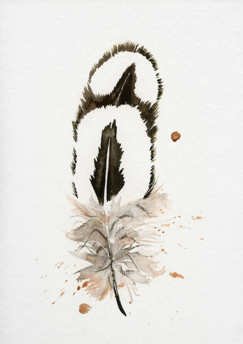 Image of a feather watercolor painting by Shayna Larsen, originals & prints available