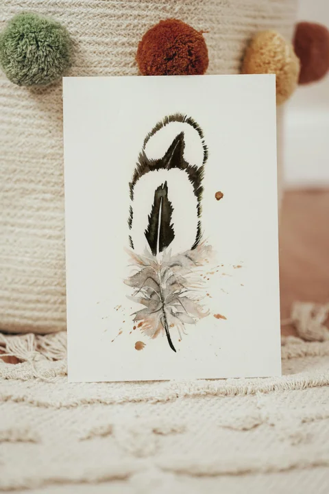 Image of a feather watercolor painting by Shayna Larsen, originals & prints available