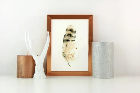 Image of a feather watercolor painting by Shayna Larsen, originals & prints available