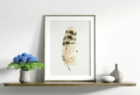 Image of a feather watercolor painting by Shayna Larsen, originals & prints available
