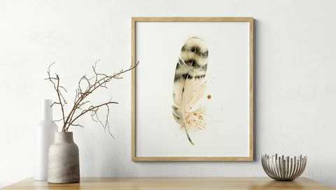 Image of a feather watercolor painting by Shayna Larsen, originals & prints available