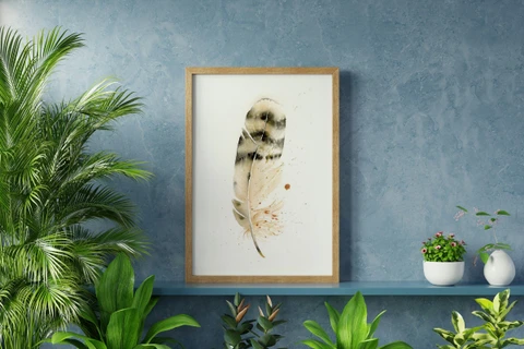 Image of a feather watercolor painting by Shayna Larsen, originals & prints available