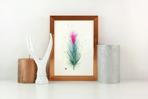 Image of a feather watercolor painting by Shayna Larsen, originals & prints available