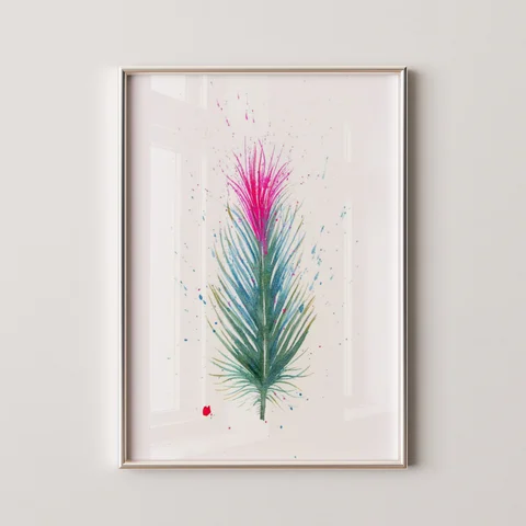 Image of a feather watercolor painting by Shayna Larsen, originals & prints available