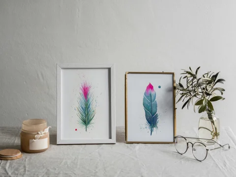 Image of a feather watercolor painting by Shayna Larsen, originals & prints available