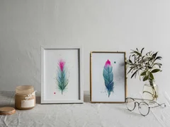 Image of a feather watercolor painting by Shayna Larsen, originals & prints available