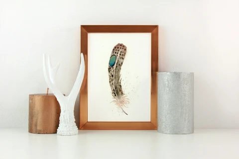 Image of a feather watercolor painting by Shayna Larsen, originals & prints available