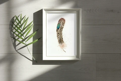 Image of a feather watercolor painting by Shayna Larsen, originals & prints available