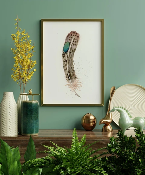 Image of a feather watercolor painting by Shayna Larsen, originals & prints available