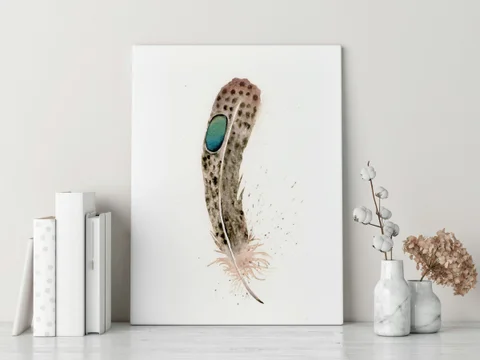 Image of a feather watercolor painting by Shayna Larsen, originals & prints available
