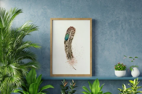 Image of a feather watercolor painting by Shayna Larsen, originals & prints available
