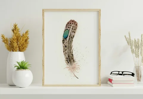Image of a feather watercolor painting by Shayna Larsen, originals & prints available