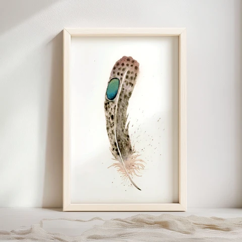 Image of a feather watercolor painting by Shayna Larsen, originals & prints available