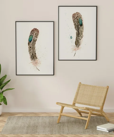 Image of a feather watercolor painting by Shayna Larsen, originals & prints available