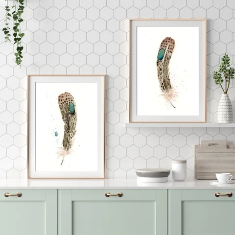 Image of a feather watercolor painting by Shayna Larsen, originals & prints available