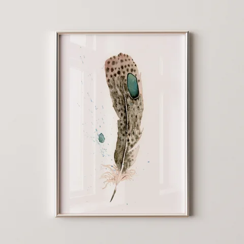 Image of a feather watercolor painting by Shayna Larsen, originals & prints available