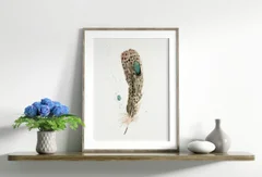 Image of a feather watercolor painting by Shayna Larsen, originals & prints available