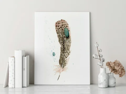 Image of a feather watercolor painting by Shayna Larsen, originals & prints available