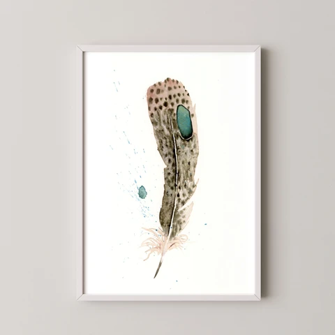 Image of a feather watercolor painting by Shayna Larsen, originals & prints available
