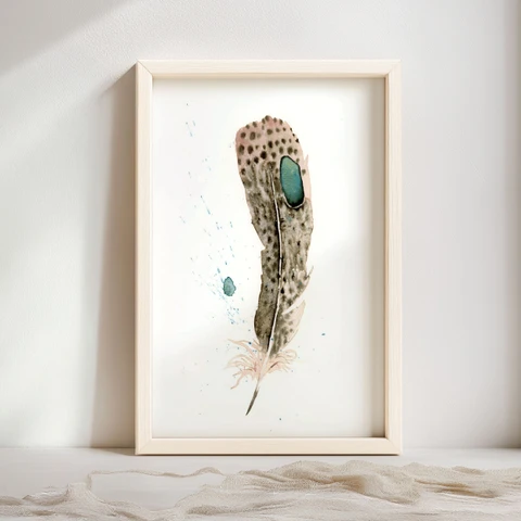 Image of a feather watercolor painting by Shayna Larsen, originals & prints available