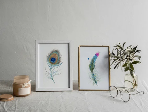 Image of a feather watercolor painting by Shayna Larsen, originals & prints available