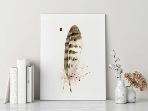 Image of a feather watercolor painting by Shayna Larsen, originals & prints available
