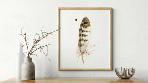 Image of a feather watercolor painting by Shayna Larsen, originals & prints available