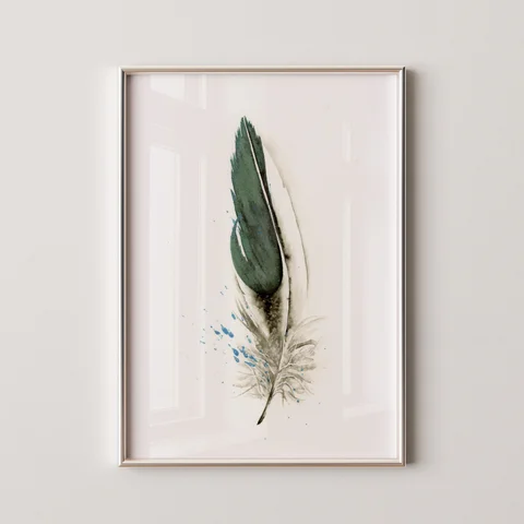 Image of a feather watercolor painting by Shayna Larsen, originals & prints available
