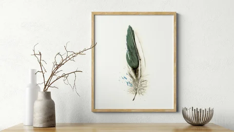 Image of a feather watercolor painting by Shayna Larsen, originals & prints available
