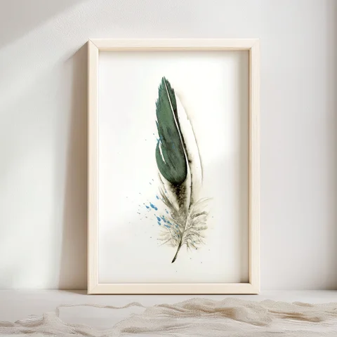 Image of a feather watercolor painting by Shayna Larsen, originals & prints available
