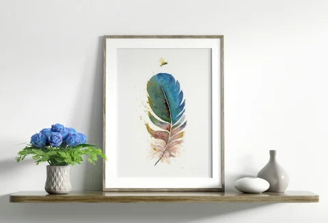 Image of a feather watercolor painting by Shayna Larsen, originals & prints available