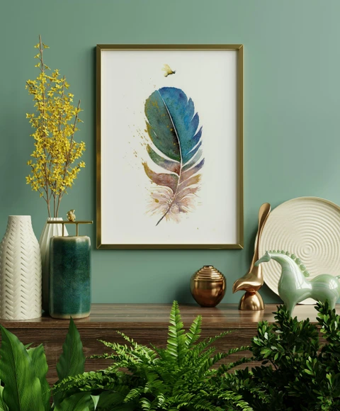 Image of a feather watercolor painting by Shayna Larsen, originals & prints available