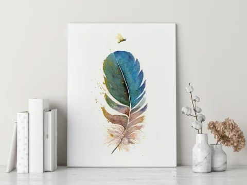 Image of a feather watercolor painting by Shayna Larsen, originals & prints available