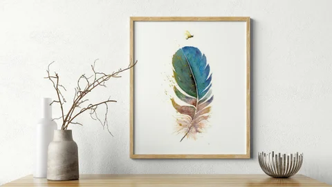 Image of a feather watercolor painting by Shayna Larsen, originals & prints available