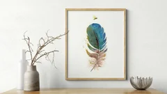 Image of a feather watercolor painting by Shayna Larsen, originals & prints available