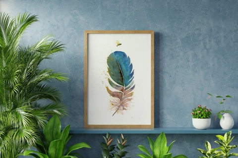 Image of a feather watercolor painting by Shayna Larsen, originals & prints available