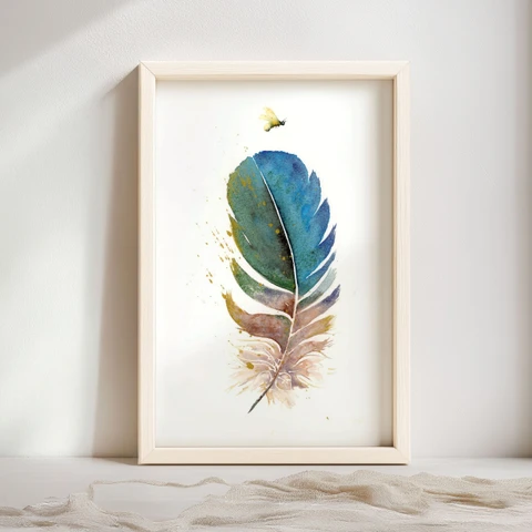 Image of a feather watercolor painting by Shayna Larsen, originals & prints available