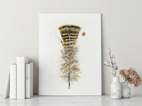 Image of a feather watercolor painting by Shayna Larsen, originals & prints available