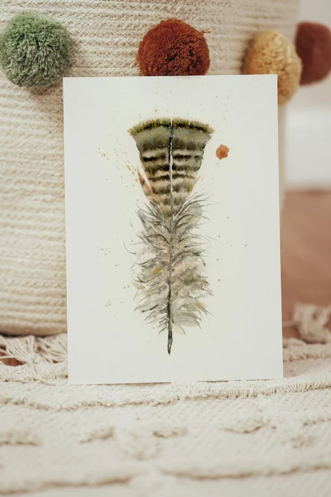 Image of a feather watercolor painting by Shayna Larsen, originals & prints available