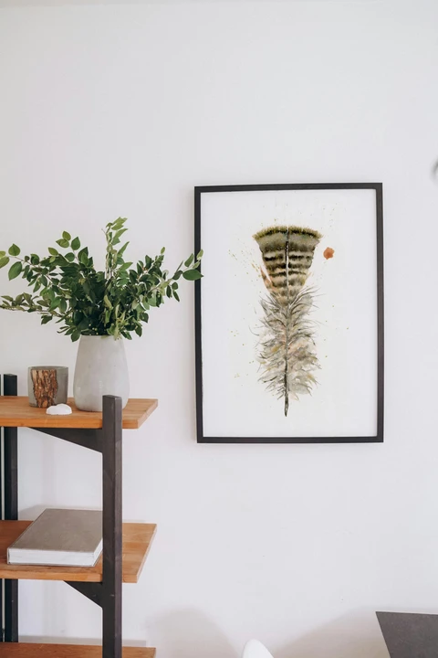 Image of a feather watercolor painting by Shayna Larsen, originals & prints available