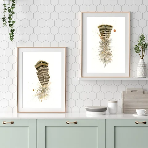 Image of a feather watercolor painting by Shayna Larsen, originals & prints available